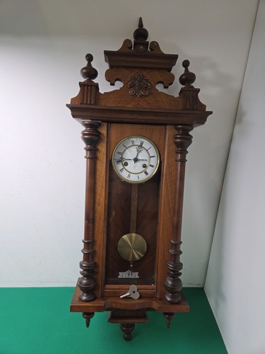 Large Antique Junghans Wooden Pendulum Wall Clock & Key Made in Germany