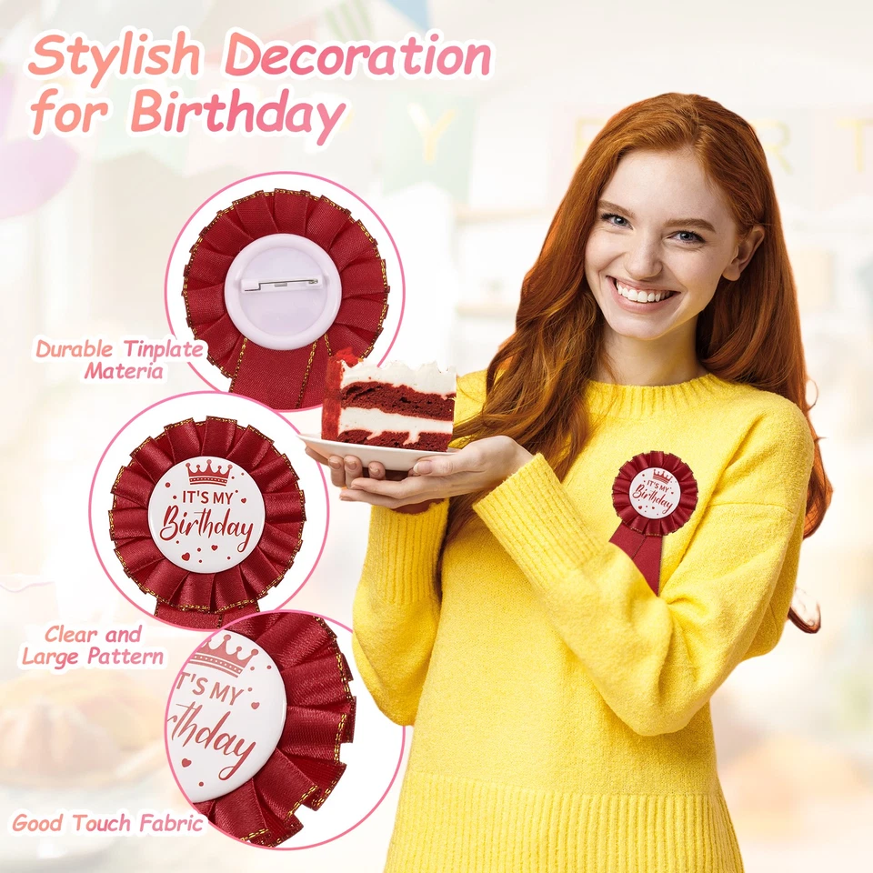 IT'S MY Birthday Pin, 5.9"x2.8" Tinplate Ribbon Badge Pin, Wine Red Foto 3 de 4