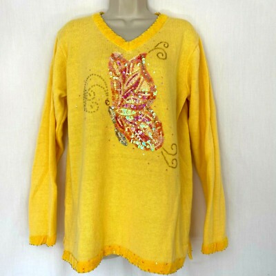 Vintage Quacker Factory Sweater Womens Medium Yellow Beaded Butterfly Chenille