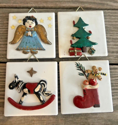Set of 4 Vintage Miniature Hanging Christmas Tiles - Handcrafted  2.25 x 2.25 in