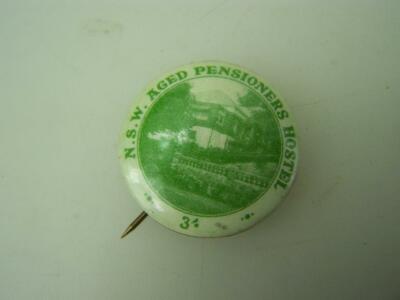 Vintage c1950s pin back badge NSW Aged Pensioners Hostel 3/- donation       3898