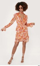 Nastygal Floral Print Tie Neck Ruffle Mini Dress Uk 10