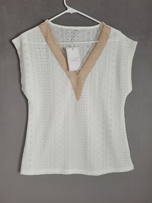 Etcyy New Womens Basic Top Trendy Eyelet Fabric Tank Top Lace V Neck Medium 