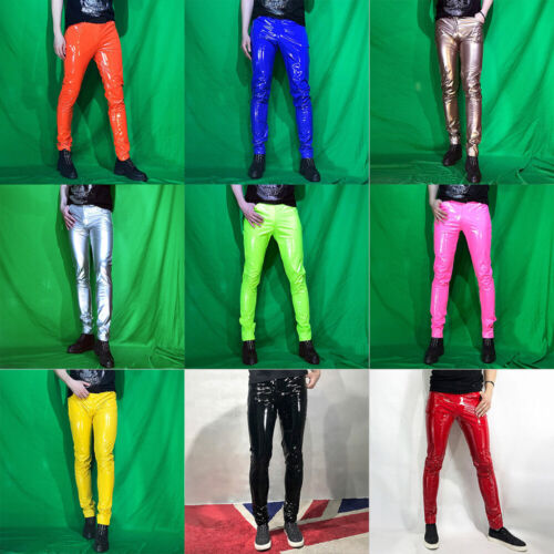 Mens Shiny Metallic Faux Leather Pants Skinny Stretch Trousers Clubwear - Picture 1 of 21