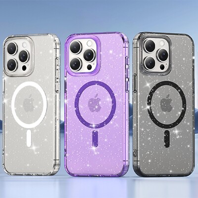 For iPhone 12 13 14 15 16 Pro Max Bling Glitter TPU Magnetic Mag-Safe Case Cover