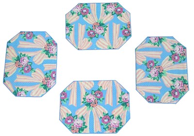 VTG Floral Ribbon Bouquet Placemats Peach Blue Rose Green Octagon Blue Dots Trim