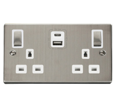 Click Deco Edelstahl Typ A & C USB Doppel geschaltete Steckdose - VPSS586WH