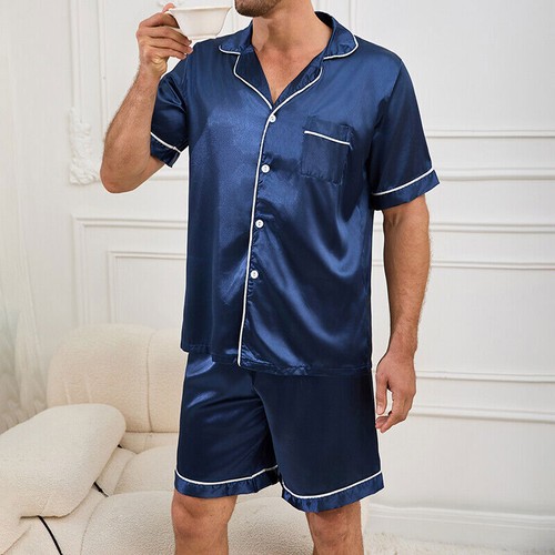 Lässiger Herren Seide Satin Pyjama Set Oberteil und Shorts Nachtwäsche Nachtwäsche Pyjama  - Bild 16 von 28