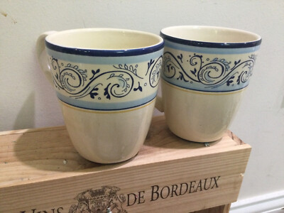 2  OR ONE Better Homes and Gardens Renes mugs  Blue Scrolls Ceramic