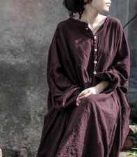 Women's Leisure Buttons Tops Lantern Sleeves Flax Long Maxi Loose Dress One Size