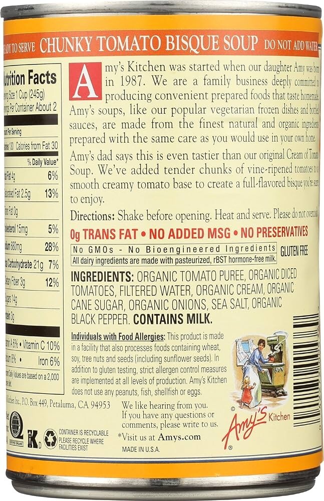 Amy's Organic Chunky Tomato Bisque Soup 14.5 oz ( Pack of 12 ) eBay