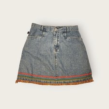 Vintage Y2k No Excuses blue denim mini skirt with ribbon detail on hem Size 7/8