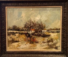 VTG MCM French School LRG Textured Impression. O/C "Snow In Normandy", Signed!