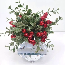Faceted Acrylic Crystal Kissing Ball Ornament 5" Ribbon Faux Mistletoe & Holly