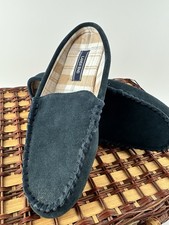 Lands End Blue Suede Slipper Moccasins Women s 9 Soft Plaid Flannel Lining EUC