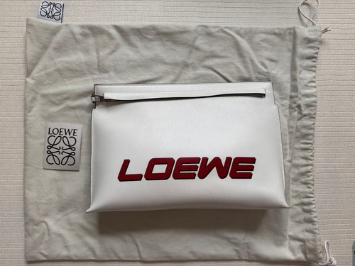 LOEWE T Pouch Clutch Bag White Calf Leather Laser Cut Logo Spain Rare