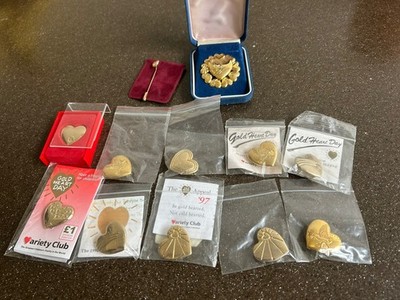 Job Lot of Vintage Variety Club Charity Heart Gold Tone Pin Badges Mixed Bundle