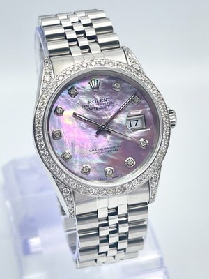 Rolex Datejust 16234 36mm Pink MOP Diamond Dial Diamond Bezel & Shoulders Box