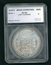 BRAZIL 1816-R 960R OVERSTRIKE OVER SPANISH 8 REALES W/ CLEAR COAT OF ARMS