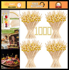 1000 Bamboo Cocktail Picks - 4.7" Fancy Toothpicks for Appetizers & Drinks, Gold