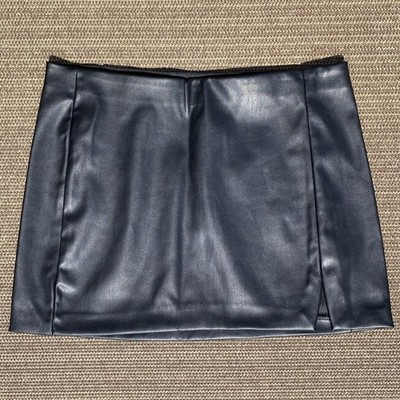 HM Divided Black Faux Leather Mini Skirt Front Slit Elastic Waist Women Size S 