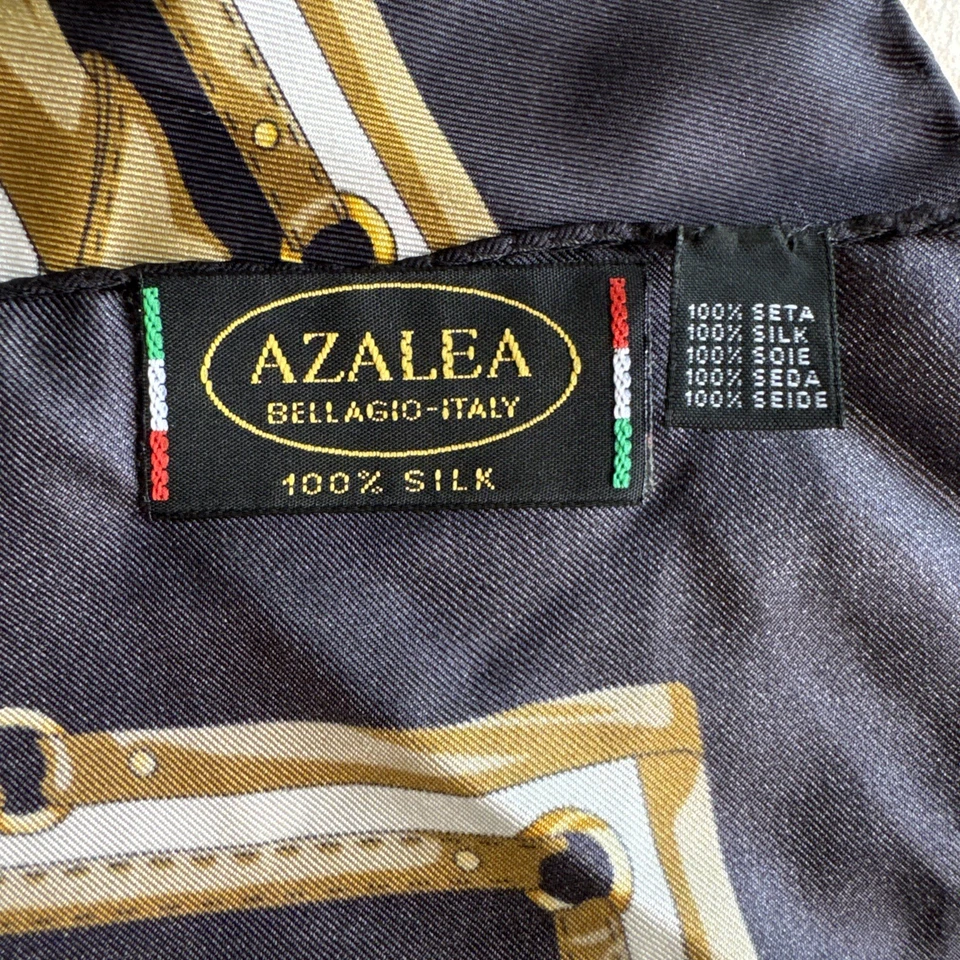 Azalea Bellagio Italy 100% Silk Scarf Gold Chain Belt Print Black Border Vintage - Image 4 of 4
