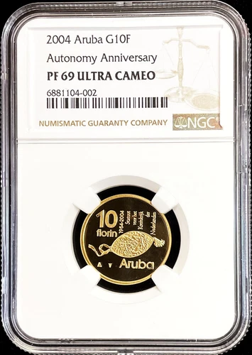 2004 GOLD ARUBA 10 FLORINS AUTONOMY ANNIV. BEATRIX NGC PROOF 70 UC 1000 MINTED