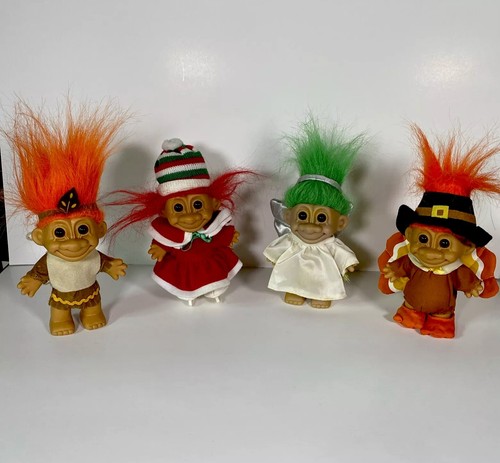Vintage Lot of 4 Russ Troll Dolls: Angel, Ice Skater, Turkey Pilgrim, Indigenous