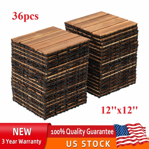 Hardwood Interlocking Patio Deck Tiles Wood Flooring DIY Outdoor 12''x12'' 36Pcs