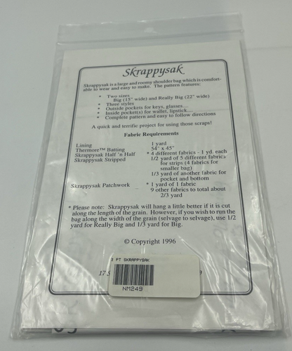 Skrappysak Bag Purse Sewing Pattern Nancy Mirman 15" & 22" Easy to Make N.O.S - Picture 3 of 3