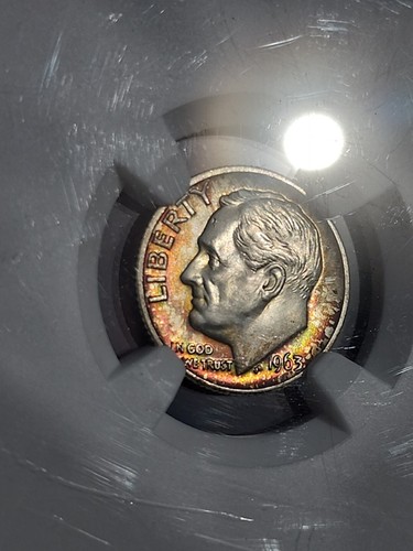 Rainbow Toned 1963 D 10c NGC MS66 FT Roosevelt Dime Full Band Torch 66FT 66FB - Picture 7 of 11