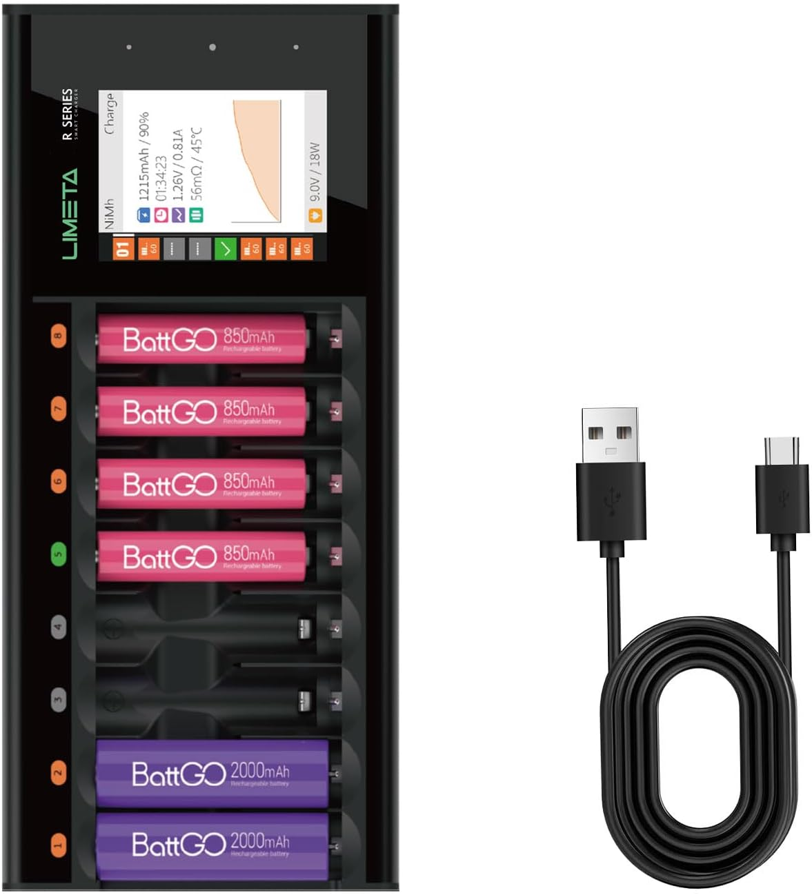8 Bay AA AAA High-Speed Battery Charger with Discharge and LC Functionality