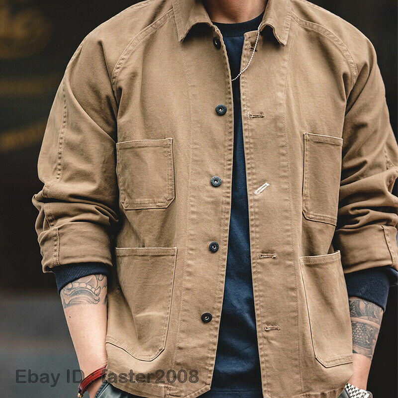 Retro Mens Cotton French Chore Jacket Casual Coat Casual Overalls