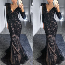 Mermaid Black Wedding Dresses Long Sleeve V-Neck Sexy Lace Applique Bridal Gowns