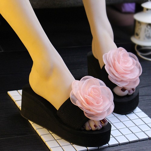 Sandali infradito donna plateau fiori tacco 6 cm zeppa ciabatte moda spiaggia - Foto 17 di 24