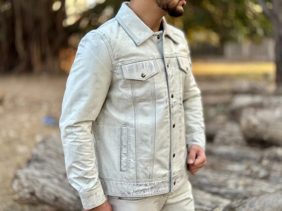 Mens White Distressed Leather Trucker Jacket, Leather Jacket - Image 3 of 4