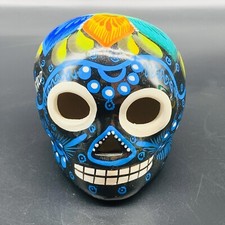Mexican Folk Art Pottery Hand Painted Colorful Sugar Skull 2.5”T 4”W