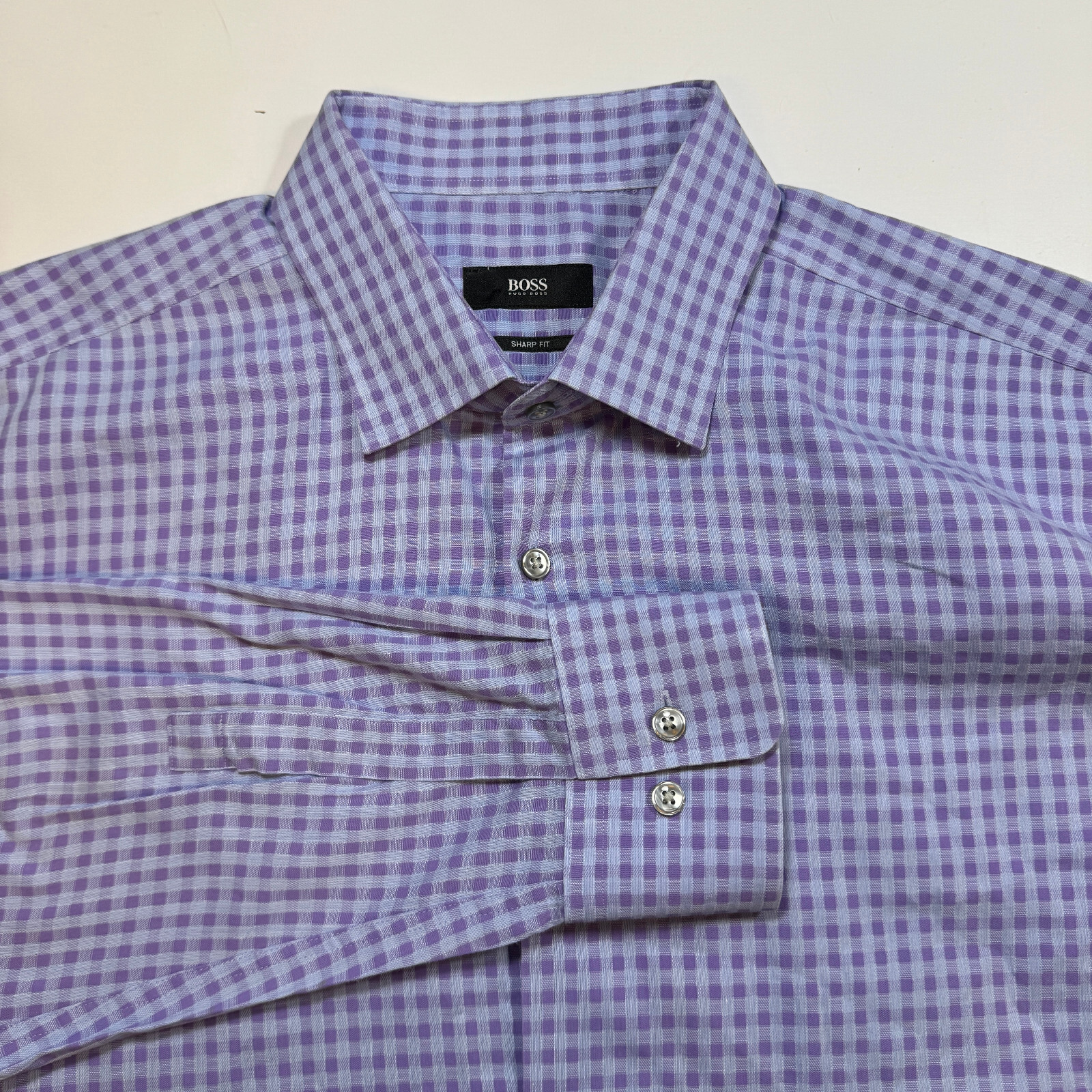 Hugo Boss Sharp Fit Men's Size 16.5-34/35 Purple Check Cotton Dress Shirt thumbnail 5