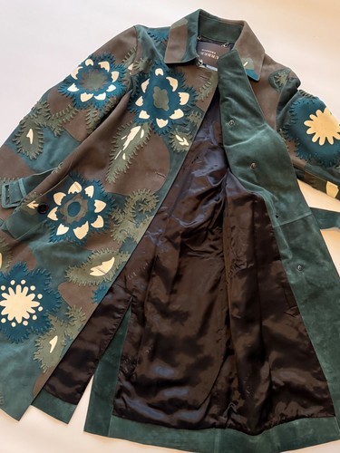 Burberry 100% Calf Suede Trench with Dark Topaz Green and Brown Floral Design - Picture 10 of 17