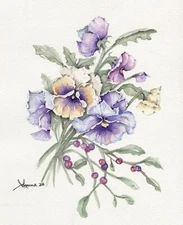 Flowers, Pansies Pansy watercolor painting, signed Matted Botanical . 8x10