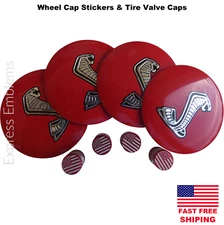 Red Cobra Wheel Cap Hub Sticker Decal 2.20" & Tire Valve Stem Caps (BUNDLE DEAL)