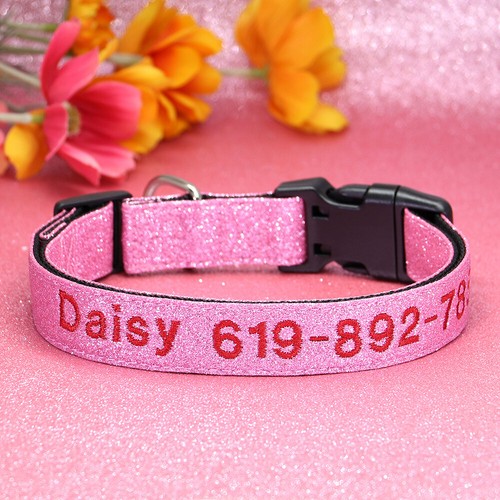 Glitzer Hundehalsband Maß Wunsch Bestickt mit Name Telefonnummer Personalisiert - Picture 2 of 20