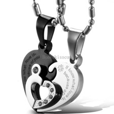 His and Hers Stainless Steel Couple Heart Love Promise Pendant Necklaces 2pcs