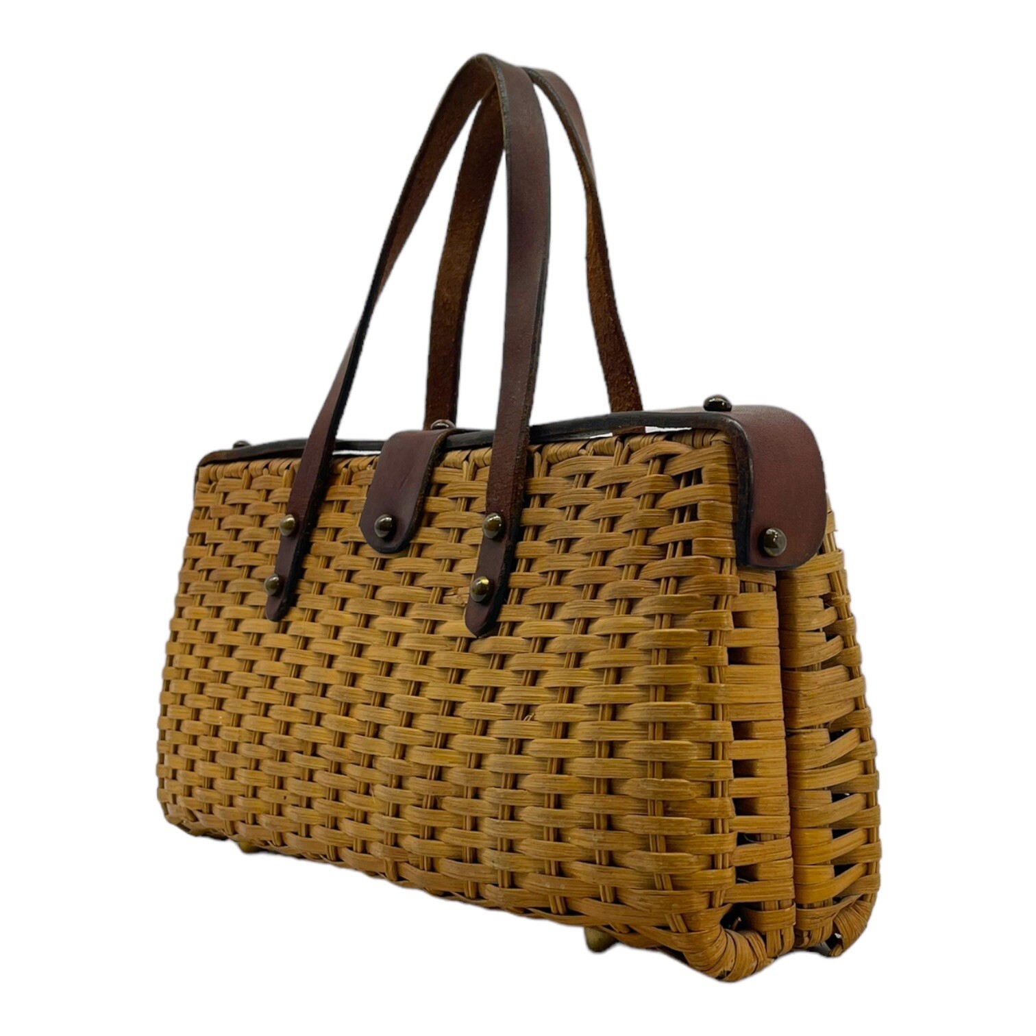 Vintage 50s ETIENNE AIGNER Handmade Wicker Top Handle Handbag Basket Box Bag image 6