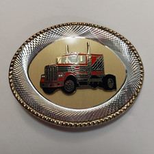 Vtg Semi Truck Belt Buckle Oval Red Cab Over Trucker W USA Western Metal Gift