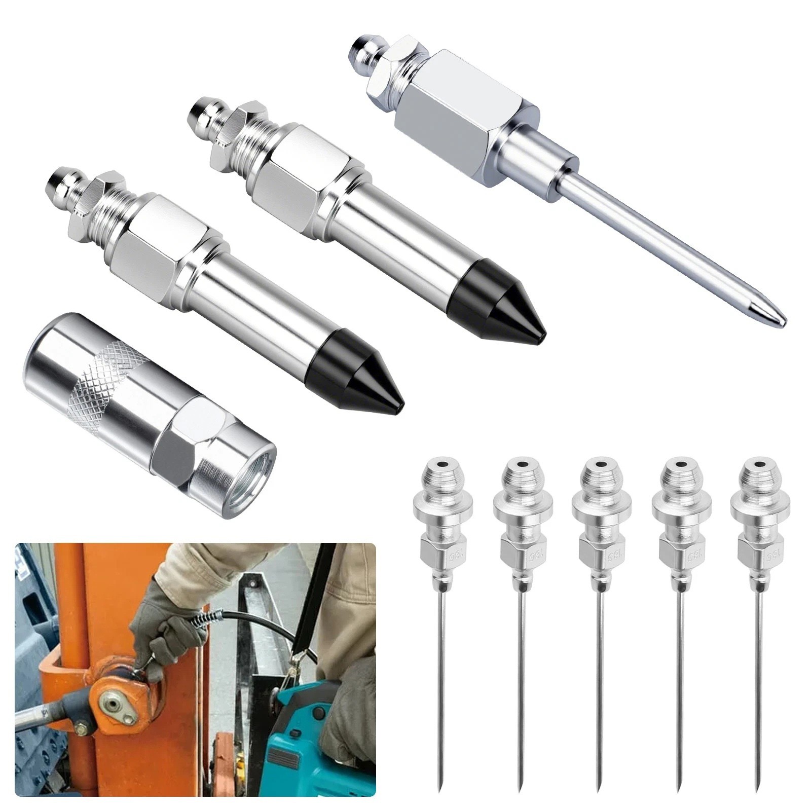 9Pcs Grease Gun Needle Nozzle Kit with Rubber Adapter Fitting Tool Accessory Set