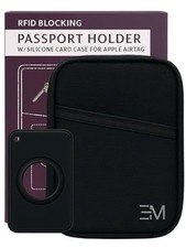 RFID Passport Holder with Zipper for Travel, AirTag Card Case, Black