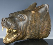 SUPERB VICTORIAN BLACK FOREST GERMAN CARVED WOOD WOLF OR DOG HEAD WALL SCULPTURE
