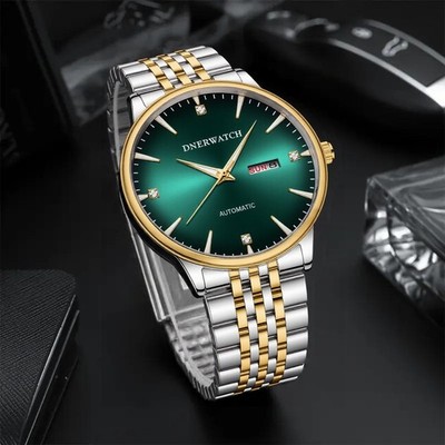 Men's Automatic Watch Emerald Dial Two-Tone Gold-Silver Band Day-Date Luxury