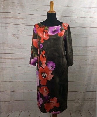 St. John Brown Silk with Red and Purple Floral Shift Dress 3/4 Sleeve Size 10